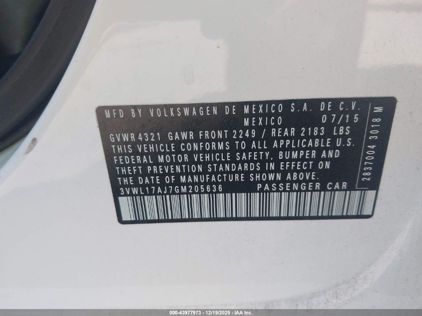 2016 Volkswagen Jetta 1.8T Sel VIN: 3VWL17AJ7GM205636 Lot: 43977973