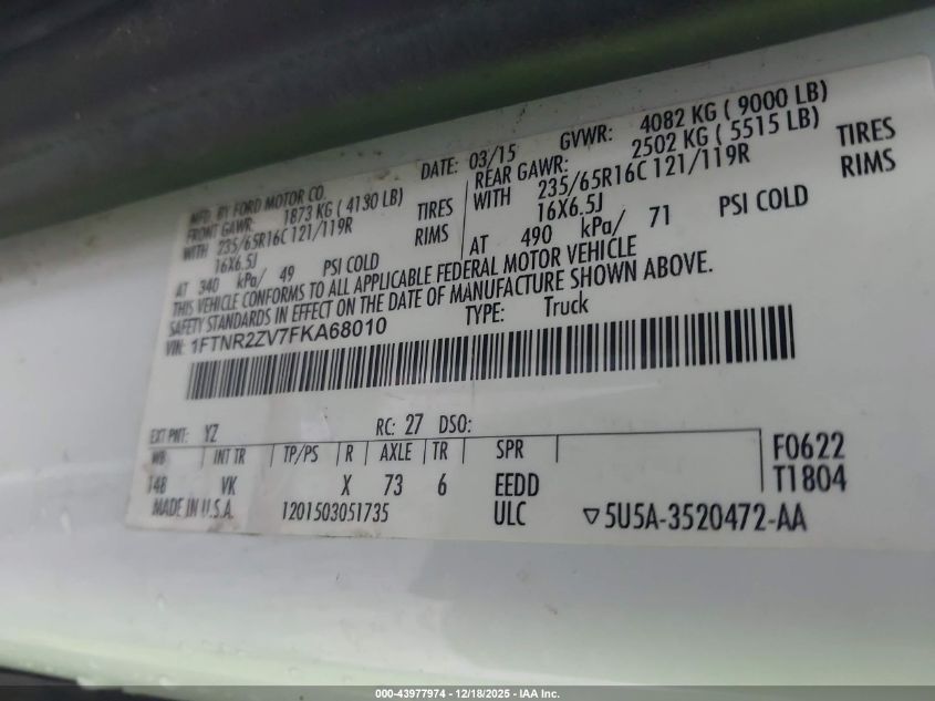 2015 Ford Transit-250 VIN: 1FTNR2ZV7FKA68010 Lot: 43977974