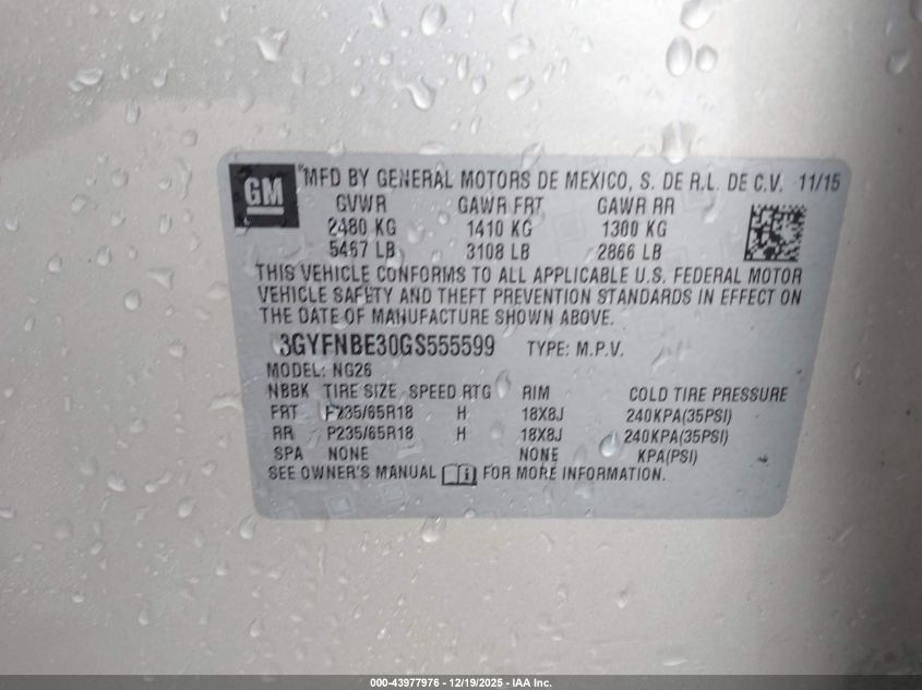 2016 Cadillac Srx Luxury Collection VIN: 3GYFNBE30GS555599 Lot: 43977976