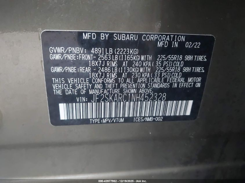 2022 Subaru Forester Touring VIN: JF2SKARC1NH452328 Lot: 43977982