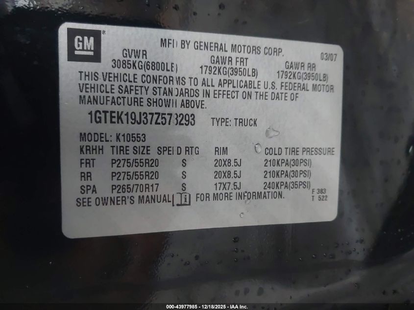 2007 GMC Sierra 1500 Slt VIN: 1GTEK19J37Z578293 Lot: 43977985