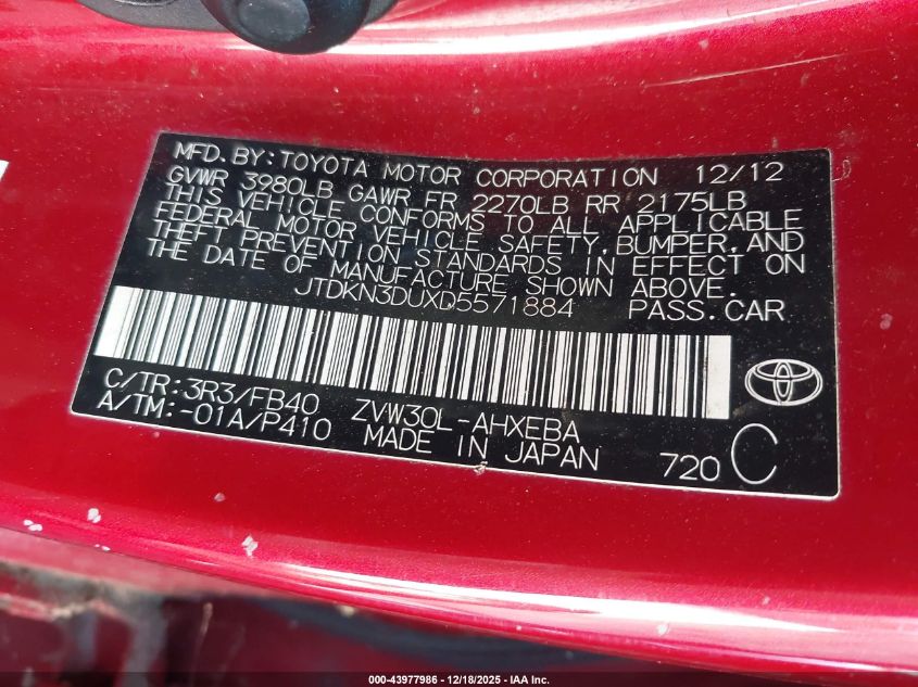 2013 Toyota Prius Two VIN: JTDKN3DUXD5571884 Lot: 43977986