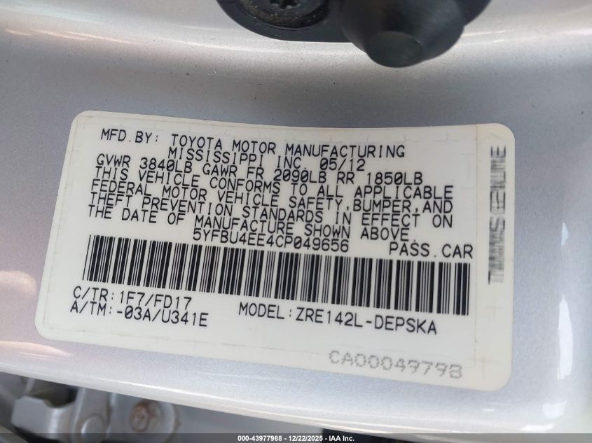 2012 Toyota Corolla S VIN: 5YFBU4EE4CP049656 Lot: 43977988