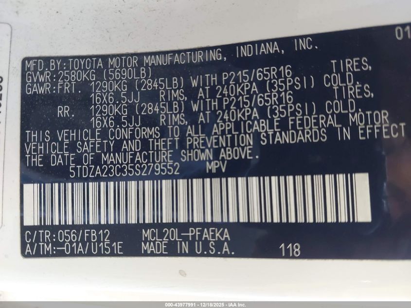 2005 Toyota Sienna Le VIN: 5TDZA23C35S279552 Lot: 43977991