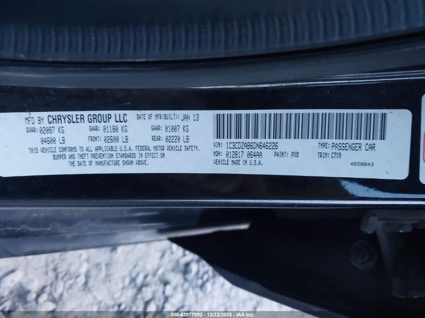 2013 Dodge Avenger Se VIN: 1C3CDZAB6DN646226 Lot: 43977992