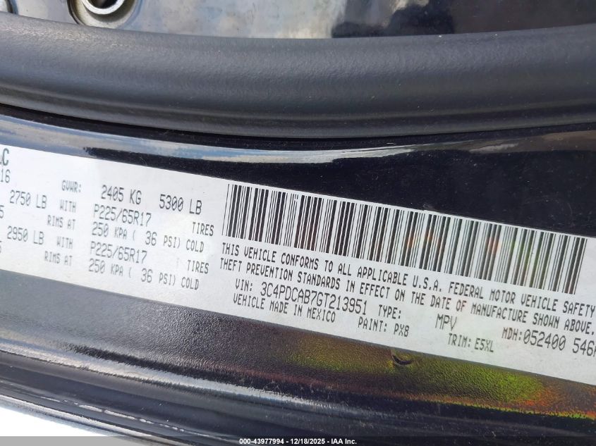 2016 Dodge Journey Se VIN: 3C4PDCAB7GT213951 Lot: 43977994