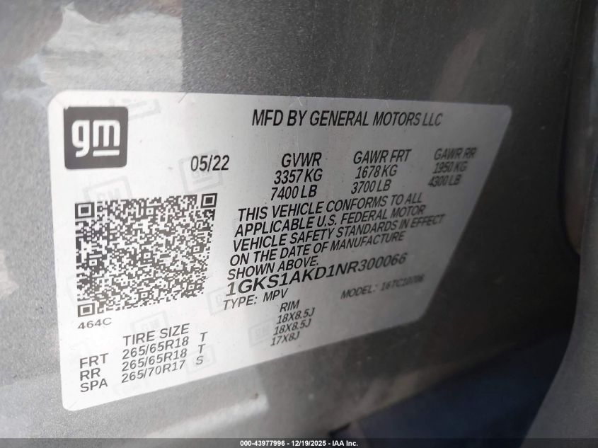 2022 GMC Yukon 2Wd Sle VIN: 1GKS1AKD1NR300066 Lot: 43977996