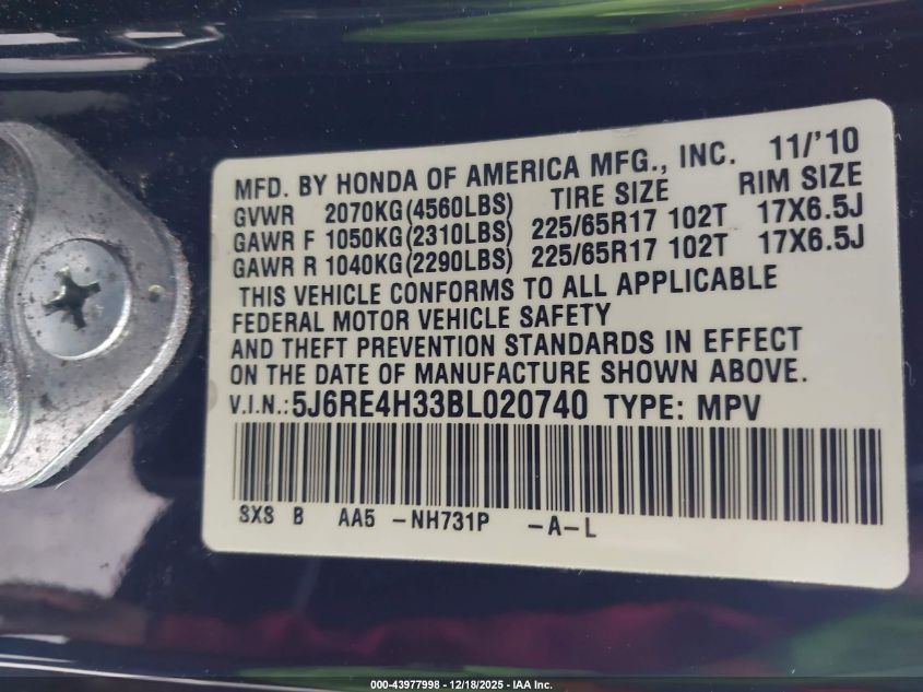 2011 Honda Cr-V Lx VIN: 5J6RE4H33BL020740 Lot: 43977998