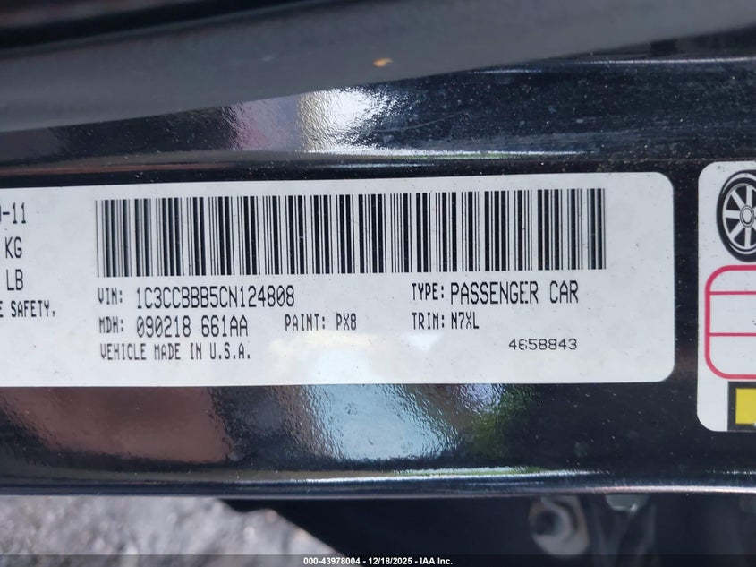 2012 Chrysler 200 2.4 Touring Black Lot 111043978004 Vin 1C3CCBBB5CN124808