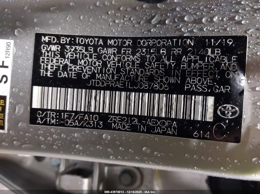 2020 Toyota Corolla L VIN: JTDDPRAE1LJ087806 Lot: 43978013