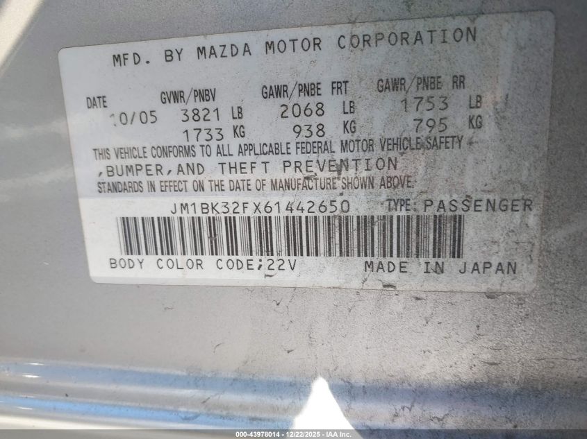 2006 Mazda Mazda3 I VIN: JM1BK32FX61442650 Lot: 43978014