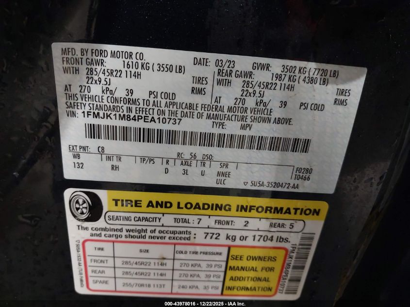 2023 Ford Expedition Platinum Max VIN: 1FMJK1M84PEA10737 Lot: 43978016