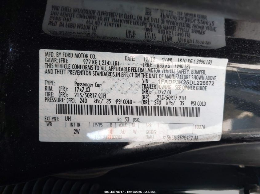 2013 Ford Focus Se VIN: 1FADP3K25DL226672 Lot: 43978017