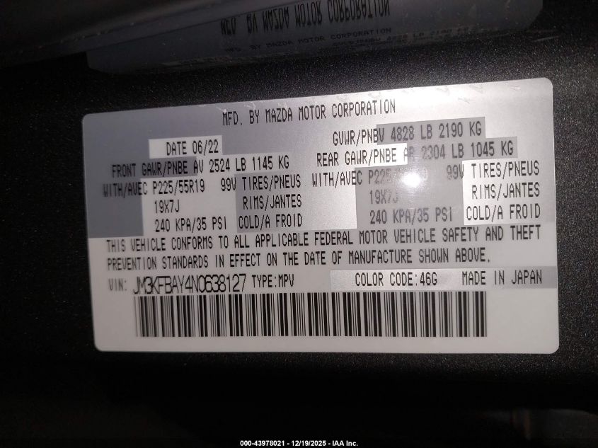 2022 Mazda Cx-5 2.5 Turbo VIN: JM3KFBAY4N0638127 Lot: 43978021