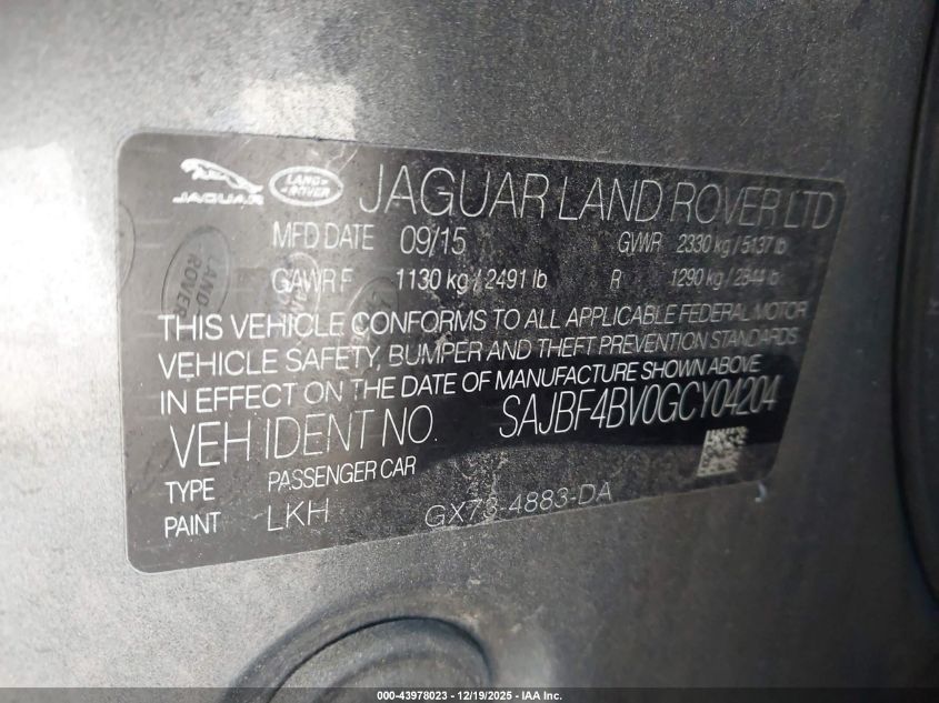 2016 Jaguar Xf 35T R-Sport VIN: SAJBF4BV0GCY04204 Lot: 43978023