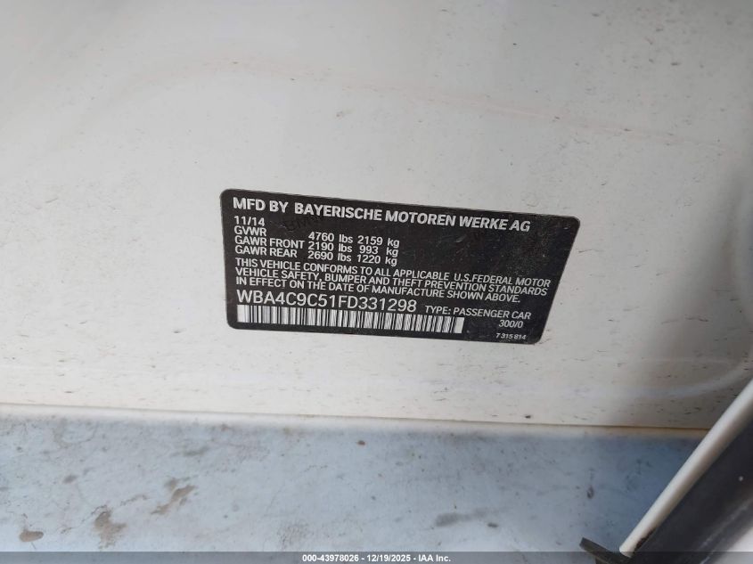 2015 BMW 428 Gran Coupe xDrive VIN: WBA4C9C51FD331298 Lot: 43978026
