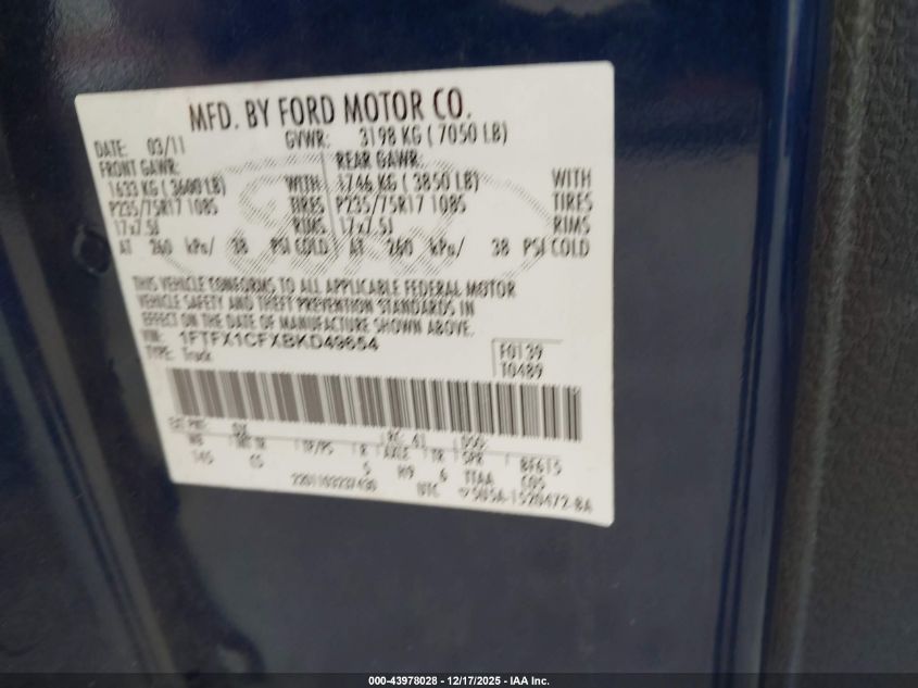 2011 Ford F-150 Xl VIN: 1FTFX1CFXBKD49654 Lot: 43978028