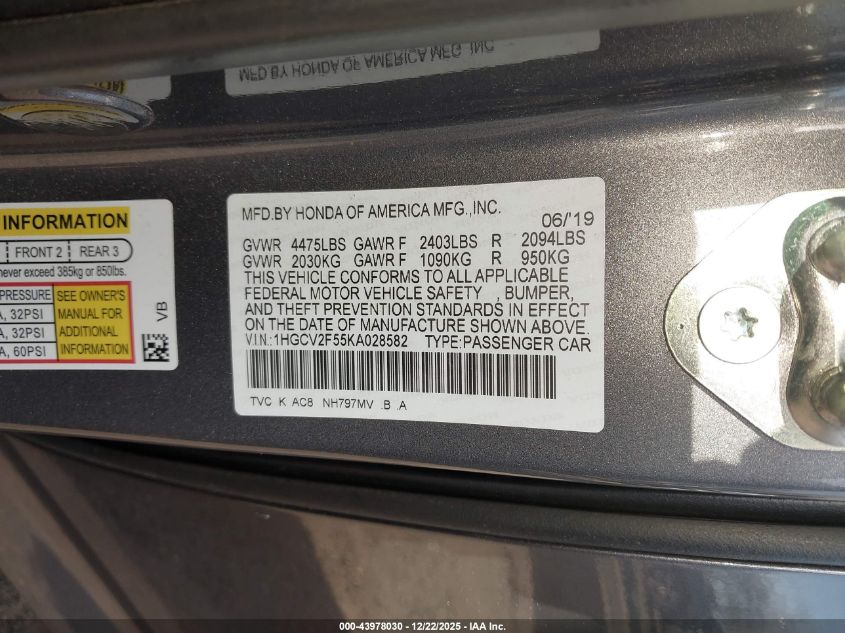 2019 Honda Accord Ex-L 2.0T VIN: 1HGCV2F55KA028582 Lot: 43978030