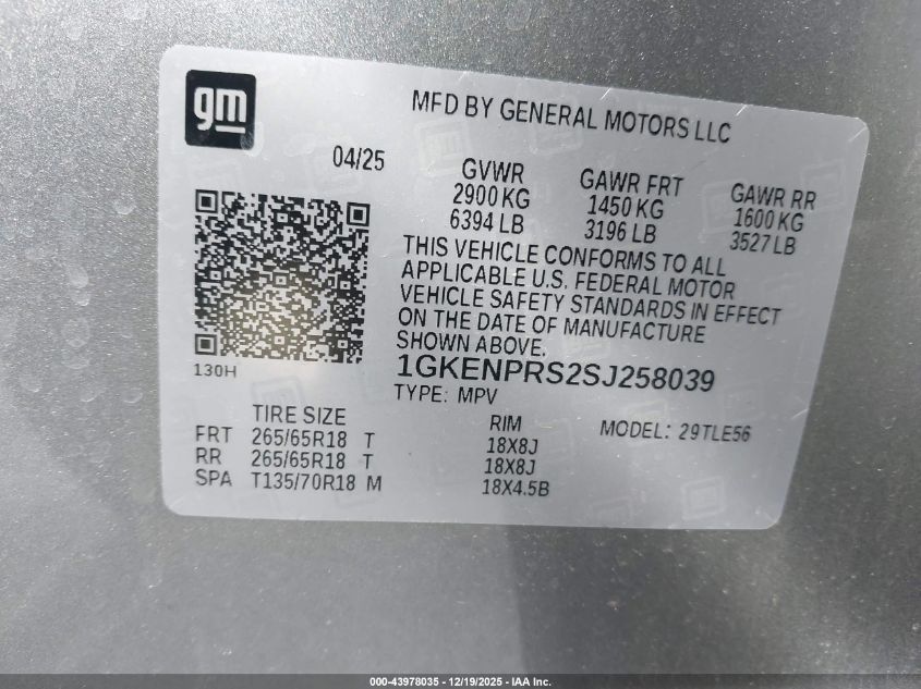 2025 GMC Acadia Awd At4 VIN: 1GKENPRS2SJ258039 Lot: 43978035