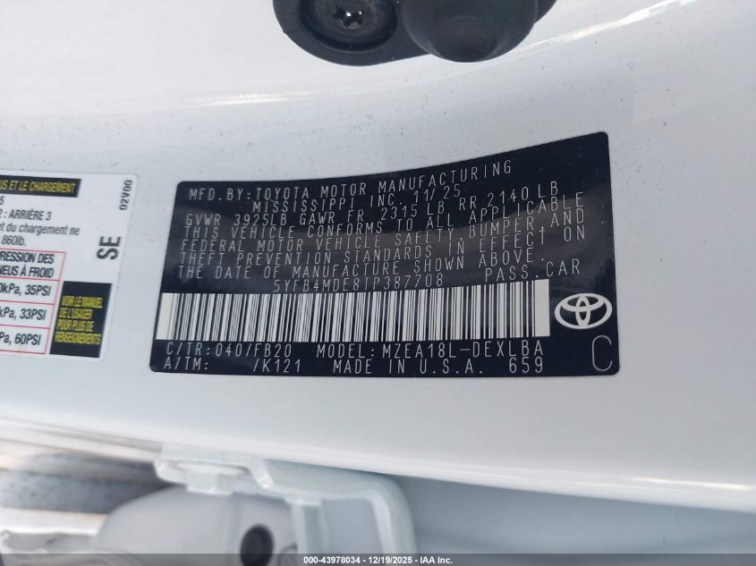 2026 Toyota Corolla Le VIN: 5YFB4MDE8TP387708 Lot: 43978034