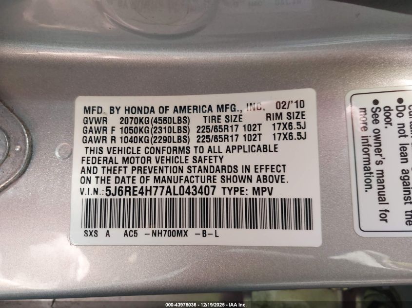 2010 Honda Cr-V Ex-L VIN: 5J6RE4H77AL043407 Lot: 43978036