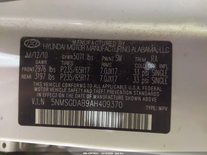 2010 Hyundai Santa Fe Gls VIN: 5NMSGDAB9AH409370 Lot: 43978041