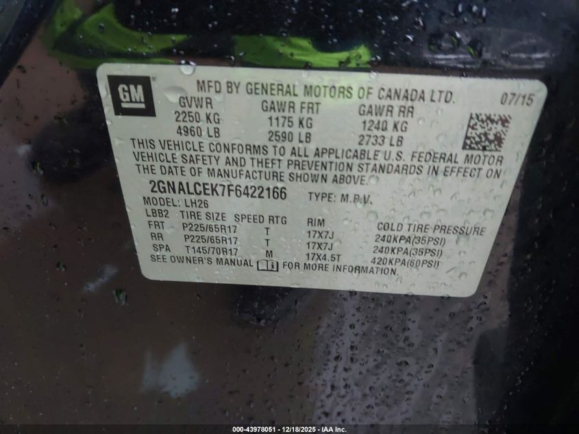 2015 Chevrolet Equinox 2Lt VIN: 2GNALCEK7F6422166 Lot: 43978051