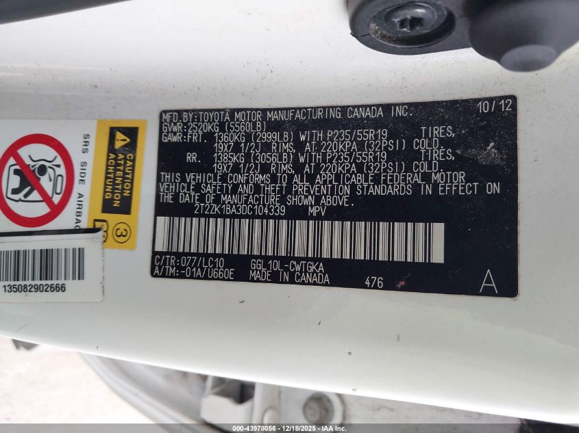 2013 Lexus Rx 350 VIN: 2T2ZK1BA3DC104339 Lot: 43978056