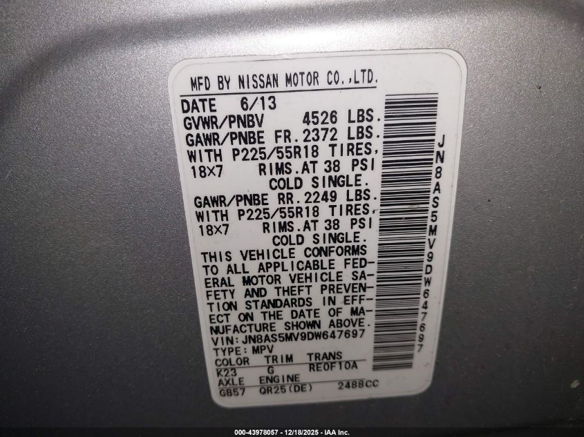2013 Nissan Rogue Sv W/Sl Pkg VIN: JN8AS5MV9DW647697 Lot: 43978057