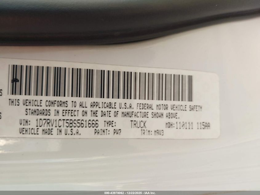 2011 Ram Ram 1500 Slt VIN: 1D7RV1CT5BS561666 Lot: 43978062
