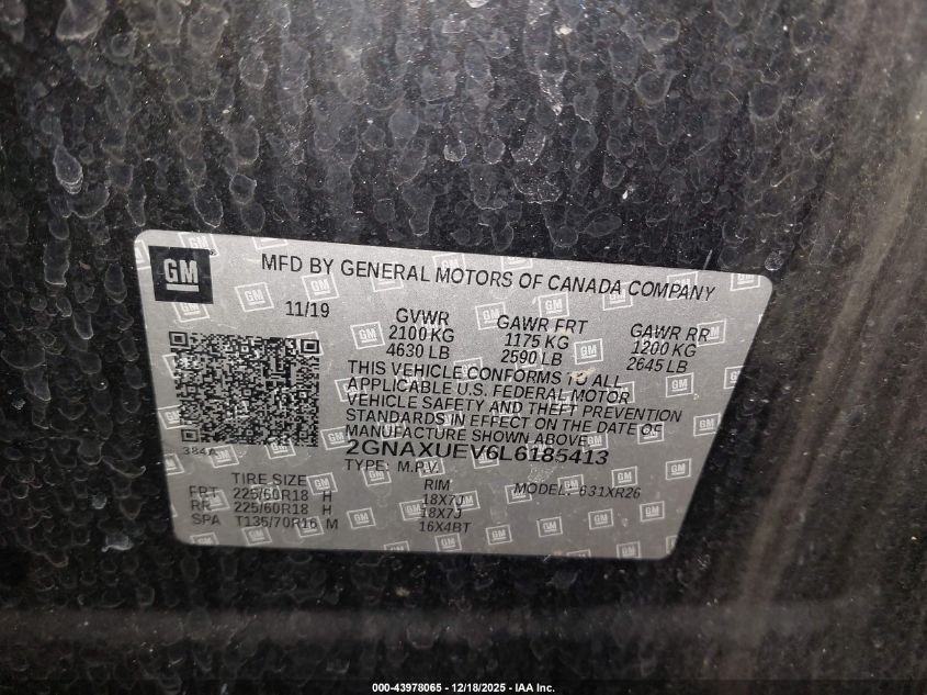 2020 Chevrolet Equinox Awd Lt 1.5L Turbo VIN: 2GNAXUEV6L6185413 Lot: 43978065