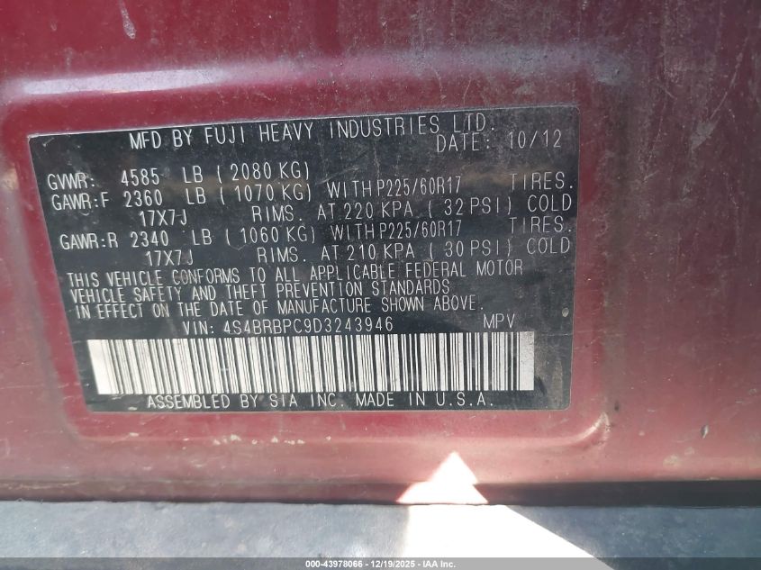 2013 Subaru Outback 2.5I Limited VIN: 4S4BRBPC9D3243946 Lot: 43978066