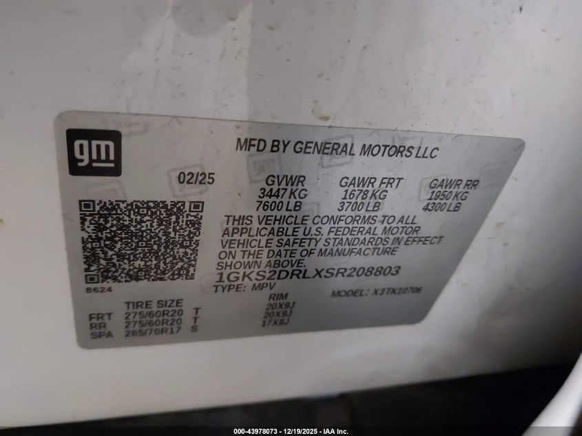 2025 GMC Yukon 4Wd Denali VIN: 1GKS2DRLXSR208803 Lot: 43978073