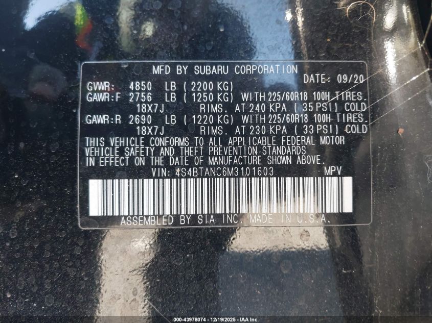 2021 Subaru Outback Limited VIN: 4S4BTANC6M3101603 Lot: 43978074