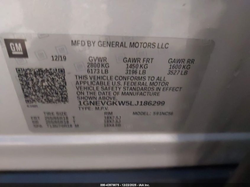 2020 Chevrolet Traverse Awd Lt Cloth VIN: 1GNEVGKW5LJ186299 Lot: 43978075