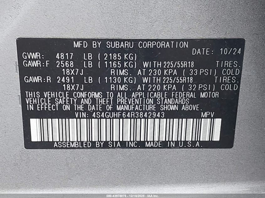 2024 Subaru Crosstrek Sport VIN: 4S4GUHF64R3842943 Lot: 43978078