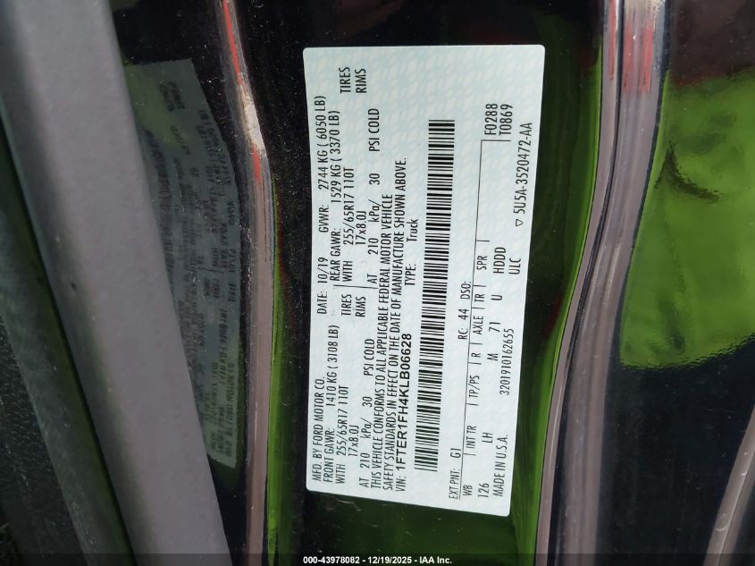 2019 Ford Ranger Xlt VIN: 1FTER1FH4KLB06628 Lot: 43978082