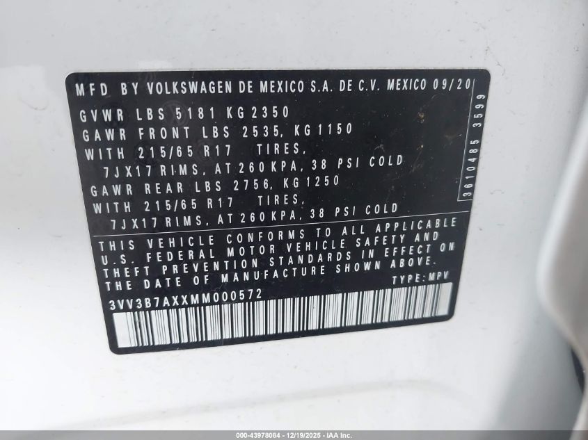 2021 Volkswagen Tiguan 2.0T Se/2.0T Se R-Line Black/2.0T Sel VIN: 3VV3B7AXXMM000572 Lot: 43978084