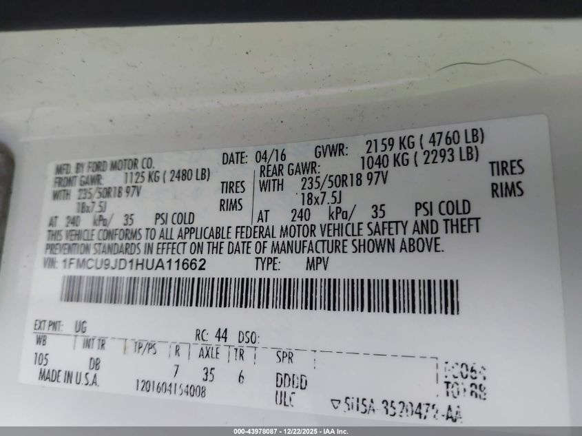 2017 Ford Escape Titanium VIN: 1FMCU9JD1HUA11662 Lot: 43978087