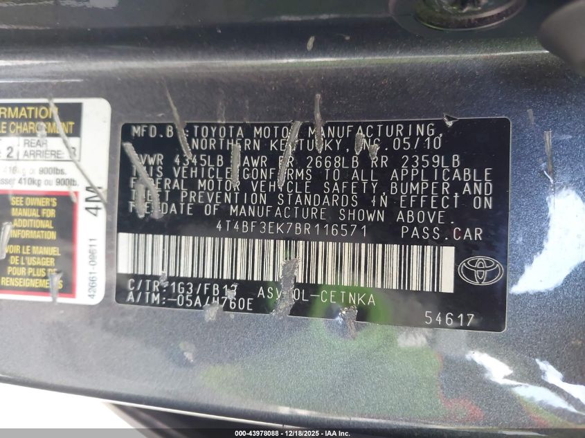 2011 Toyota Camry Le VIN: 4T4BF3EK7BR116571 Lot: 43978088