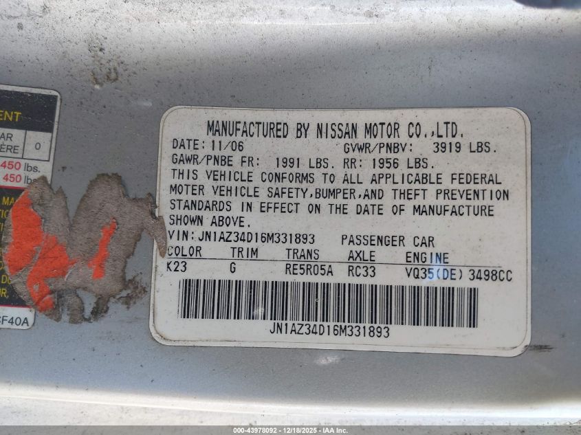 2006 Nissan 350Z Enthusiast VIN: JN1AZ34D16M331893 Lot: 43978092