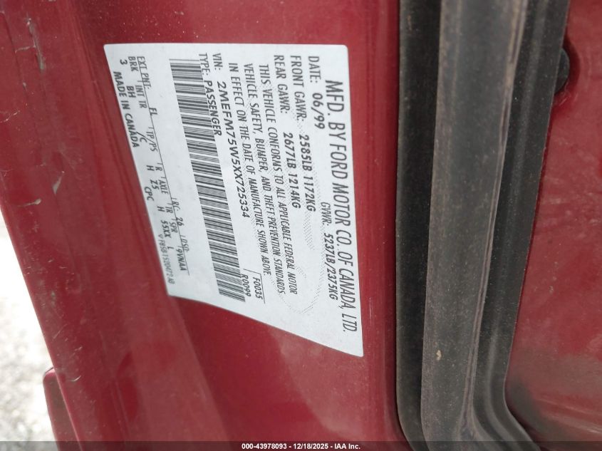 1999 Mercury Grand Marquis Ls VIN: 2MEFM75W5XX725334 Lot: 43978093