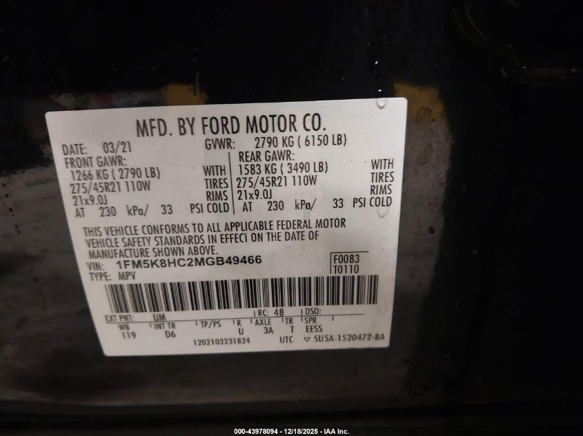 2021 Ford Explorer Platinum VIN: 1FM5K8HC2MGB49466 Lot: 43978094