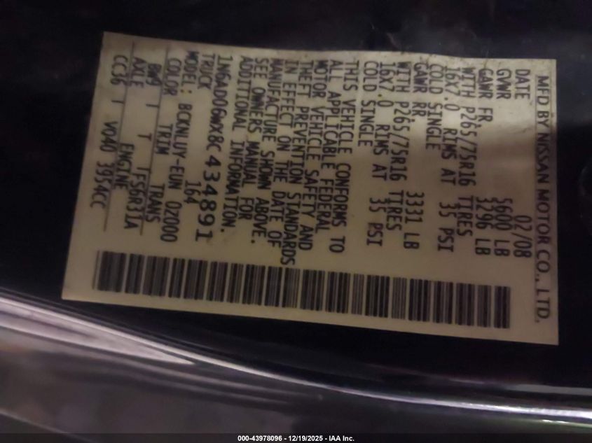 2008 Nissan Frontier Nismo Off Road VIN: 1N6AD06WX8C434891 Lot: 43978096