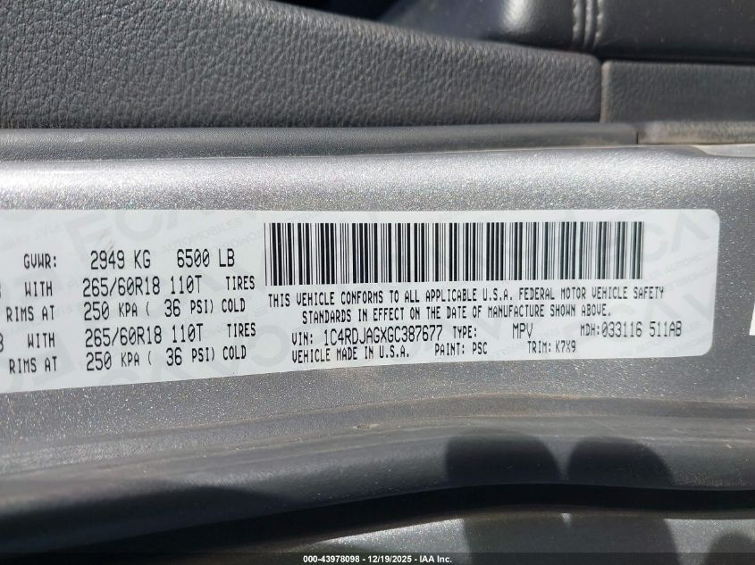 2016 Dodge Durango Sxt VIN: 1C4RDJAGXGC387677 Lot: 43978098