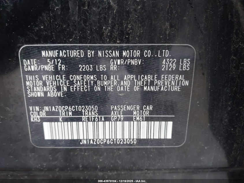 2012 Nissan Leaf Sl VIN: JN1AZ0CP6CT023050 Lot: 43978104