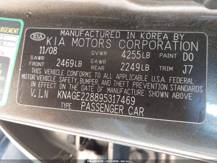 2009 Kia Optima Lx VIN: KNAGE228895317469 Lot: 43978105