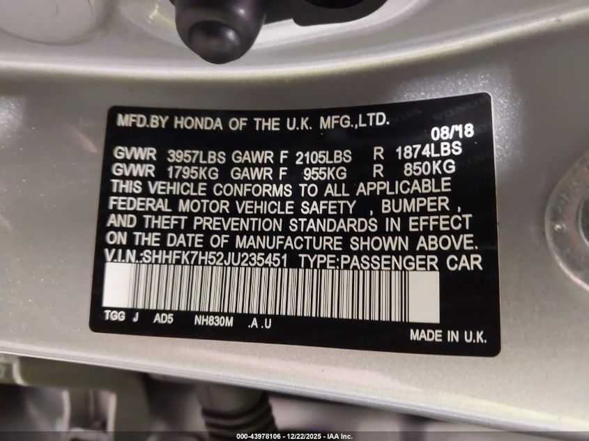 2018 Honda Civic Ex VIN: SHHFK7H52JU235451 Lot: 43978106