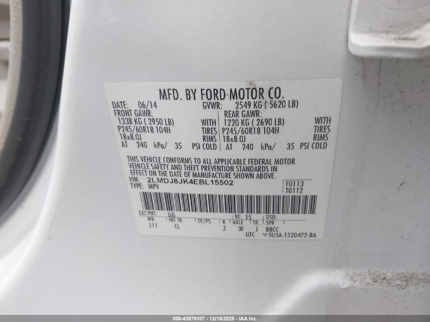 2014 Lincoln Mkx VIN: 2LMDJ8JK4EBL15502 Lot: 43978107