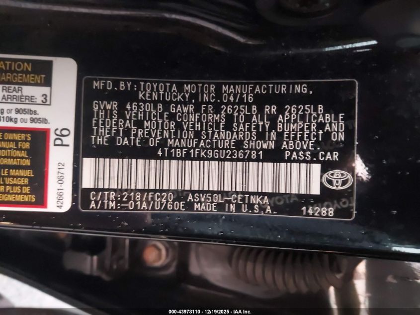 2016 Toyota Camry Le VIN: 4T1BF1FK9GU236781 Lot: 43978110